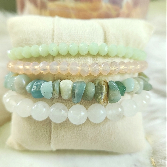 NWT Ryze Natural Stone Clear Quartz, Druzy, & Amazonite Stack Bracelets-Set of 4 - Picture 2 of 5
